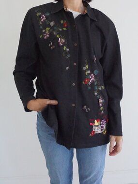 Vintage Karen Scott Black Floral Fruit Basket Butterfly Embroidered Shirt L